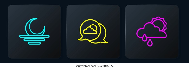 Set line Sunset, Cloud with rain and sun and Location cloud. Black square button. Vector