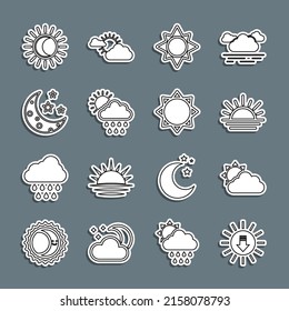 Set line Sunset, and cloud weather, Cloud with rain sun, Moon stars, Eclipse of and  icon. Vector