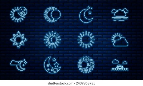 Set line Sunset, and cloud weather, Moon stars, Eclipse of sun,  and  icon. Vector