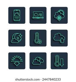 Set line Sunset, and cloud weather, Meteorology thermometer, Cloud with snow sun, moon, Weather forecast and rain icon. Vector