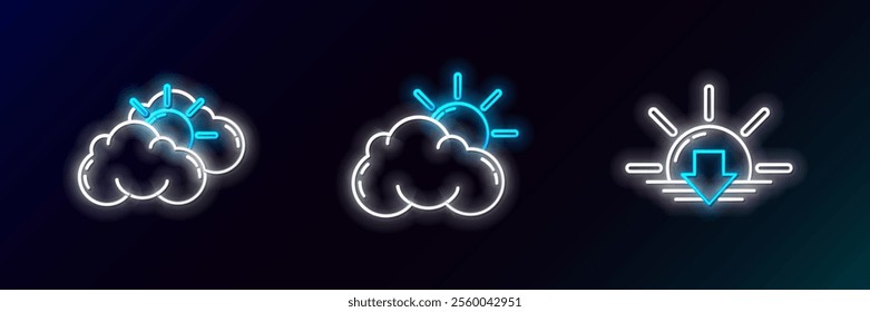 Set line Sunset, and cloud weather and  icon. Glowing neon. Vector