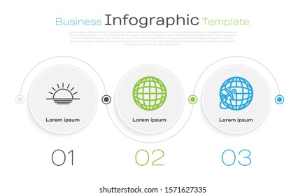 Set line Sunset, Earth globe and Globe with flying plane. Business infographic template. Vector