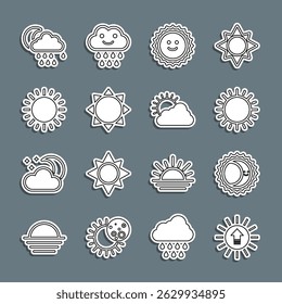 Set line Sunset, Eclipse of the sun, Cloud with rain and moon and cloud weather icon. Vector