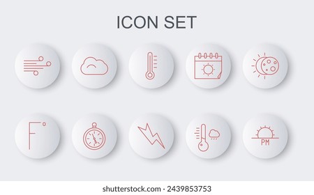 Set line Sunset, Fahrenheit, Meteorology thermometer, Wind, Cloud, Compass and Lightning bolt icon. Vector