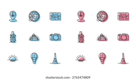 Set line Sunset, Hot air balloon, Map pointer with Eiffel tower, Globe flying plane, Photo camera, Suitcase for travel and stickers and  icon. Vector