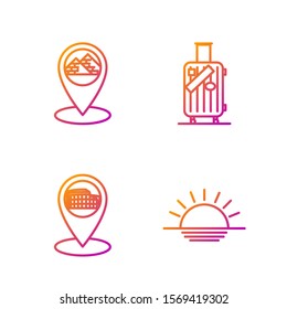 Set line Sunset, Map pointer with Coliseum in Rome, Italy, Map pointer with Egypt pyramids and Suitcase for travel and stickers. Gradient color icons. Vector