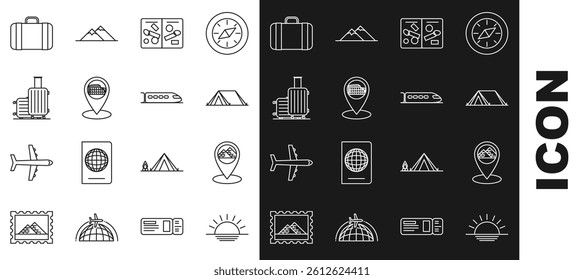 Set line Sunset, Map pointer with Egypt pyramids, Tourist tent, Passport pages visa stamps, Coliseum Rome, Italy, Suitcase for travel,  and Train icon. Vector