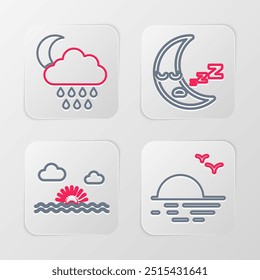 Set line Sunset, Moon icon and Cloud with rain and moon icon. Vector