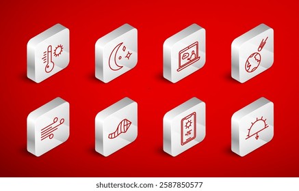 Set line Sunset, Moon and stars, Weather forecast, Comet falling down fast, Meteorology thermometer, Cone meteorology windsock wind vane and Wind icon. Vector