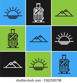 Set line Sunset, Mountains and Suitcase for travel and stickers icon. Vector