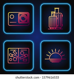 Set line Sunset, Passport pages with visa stamps, Action extreme camera and Suitcase for travel. Gradient color icons. Vector