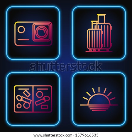 Set line Sunset, Passport pages with visa stamps, Action extreme camera and Suitcase for travel. Gradient color icons. Vector