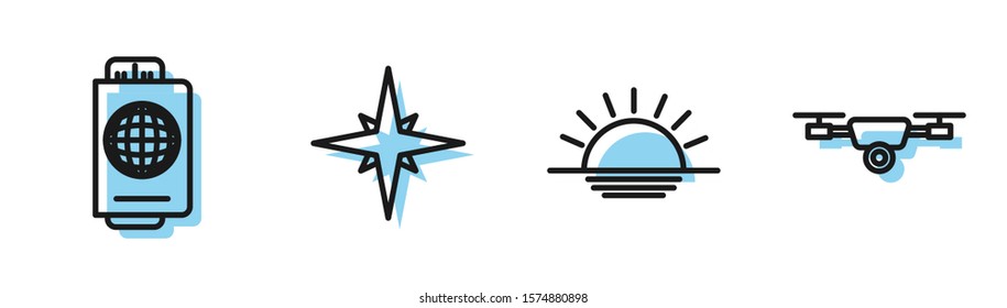 Set line Sunset, Passport with ticket, Wind rose and Drone flying with action video camera icon. Vector