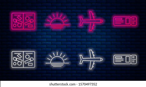 Set line Sunset, Plane, Passport pages with visa stamps and Travel ticket. Glowing neon icon on brick wall. Vector