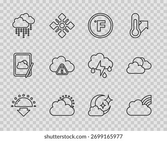 Fije la línea Puesta del sol, arco iris con las nubes, Fahrenheit, y el Clima, lluvia de la nube, advertencia de la tormenta, luna e icono. Vector