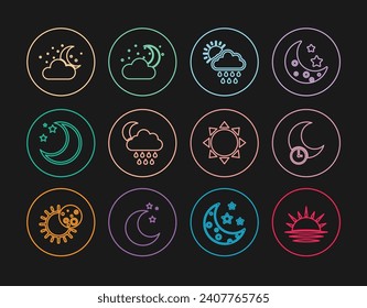 Fijar la línea Amanecer, Luna Durmiente, Nube con lluvia y sol, Estrellas de la Luna e icono. Vector