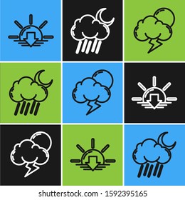 Set line Sunset, Storm and Cloud with rain and moon icon. Vector