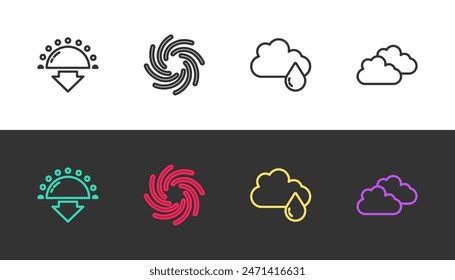 Set line Sunset, Tornado, Cloud with rain and  on black and white. Vector