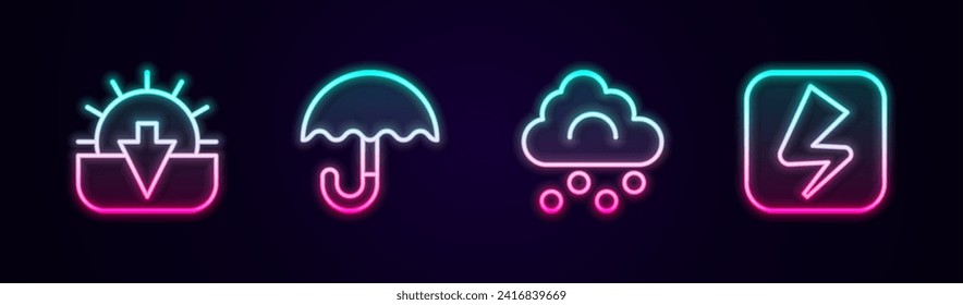 Set line Sunset, Umbrella, Hail cloud and Lightning bolt. Glowing neon icon. Vector