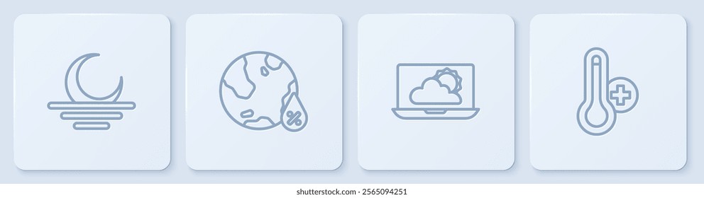 Set line Sunset, Weather forecast, Water drop percentage and Meteorology thermometer. White square button. Vector