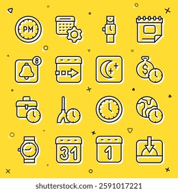 Set line Sunset, World time, Time is money, Wrist watch, flies the clock, Alarm app mobile, Day and Moon and stars icon. Vector