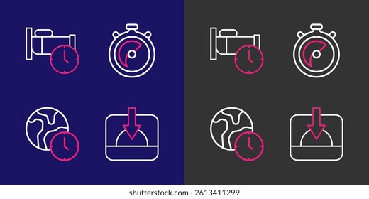 Set line Sunset, World time, Stopwatch and Time sleep icon. Vector