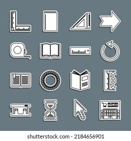 Set-Line Supermarkt-Gebäude, Messung von Höhe und Länge, Refresh, dreieckige Lineal, Open Book, Roulette-Konstruktion, Falten und Lineal-Symbol. Vektorgrafik