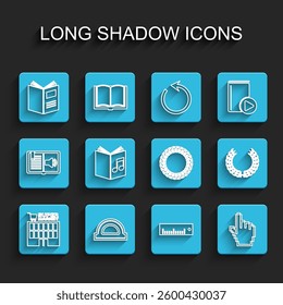Set line Supermarket building, Protractor grid, Open book, Ruler, Pixel hand cursor, Audio, Laurel wreath and  icon. Vector
