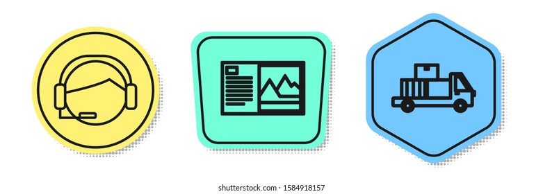 Set line Support operator in touch, Postcard  and Delivery truck with cardboard boxes. Colored shapes. Vector