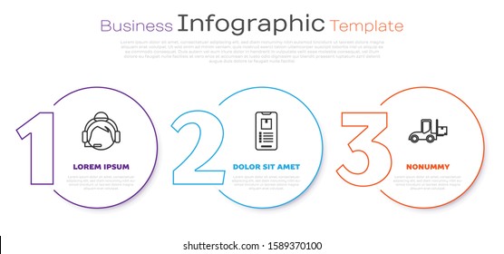 Set line Support operator in touch, Mobile phone with app delivery tracking  and Forklift truck . Business infographic template. Vector