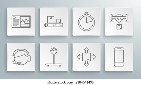 Set line Support operator in touch, Scale, Cardboard traffic symbol, Mobile phone app delivery tracking, Stopwatch, Delivery drone the package and Postcard icon. Vector