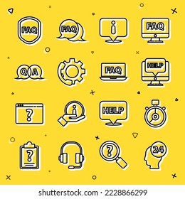 Set line Support operator in touch, Stopwatch, Computer monitor and help, Information, Telephone 24 hours support, Question Answer, Shield with text FAQ and Laptop icon. Vector