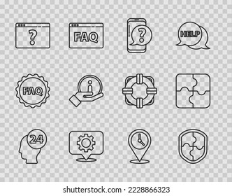 Set line Support operator in touch, Shield, Mobile phone with question, Location gear, Browser mark, Information, clock and Piece of puzzle icon. Vector