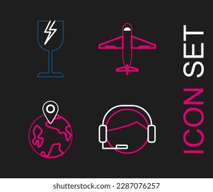 Fijar línea Operador de asistencia en contacto, icono de símbolo de vidrio roto en todo el mundo, plano y frágil. Vector