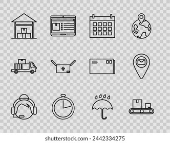 Set line Support operator in touch, Conveyor belt with cardboard box, Calendar, Stopwatch, Warehouse, Cardboard traffic symbol, Umbrella and rain drops and Placeholder map paper icon. Vector