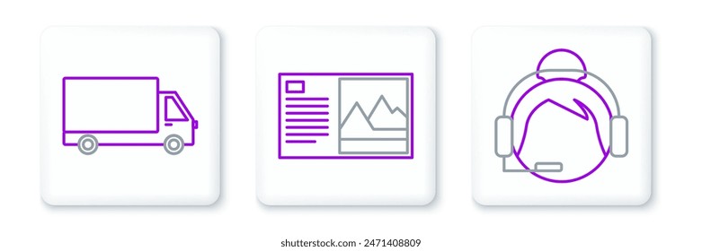 Set line Support operator in touch, Delivery cargo truck vehicle and Postcard icon. Vector