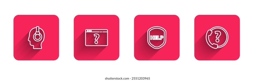 Set line Support operator in touch, Browser with question mark, Shield text Help and Telephone 24 hours support with long shadow. Red square button. Vector