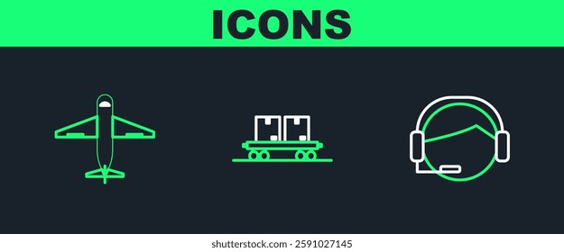 Set line Support operator in touch, Plane and Railway carriage icon. Vector