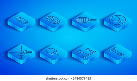Set line Surfboard, American Football ball, Tennis racket, Golf on tee, Chess, Fencing and club icon. Vector
