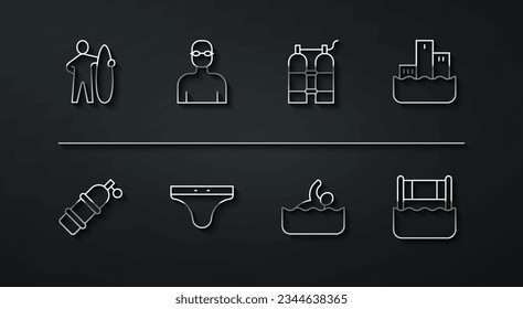 Set line Surfboard, Aqualung, Winner podium, Swimmer, Swimming trunks, Water volleyball net and  icon. Vector