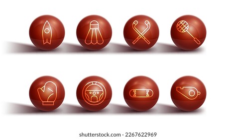 Set line Surfboard, Baseball glove, Tennis racket, Skateboard trick, Steering wheel, Badminton shuttlecock, Whistle and Ice hockey sticks icon. Vector