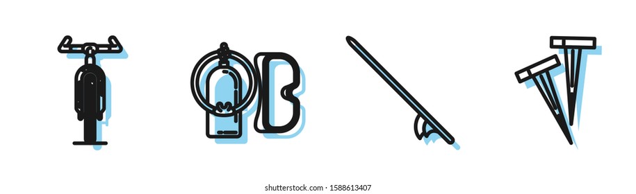 Set line Surfboard, Bicycle, Diving mask and aqualung and Pegs for tents icon. Vector