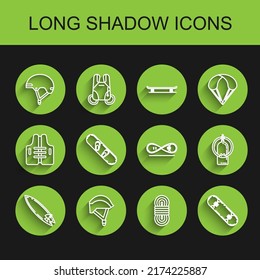 Set line Surfboard, Bicycle helmet, Helmet, Climber rope, Skateboard trick, Snowboard, Aqualung and  icon. Vector