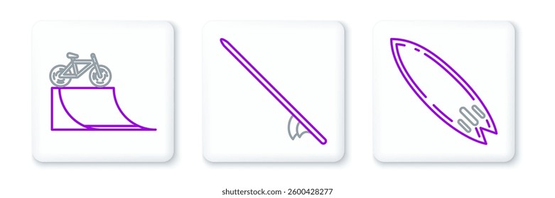 Set line Surfboard, Bicycle on street ramp and  icon. Vector