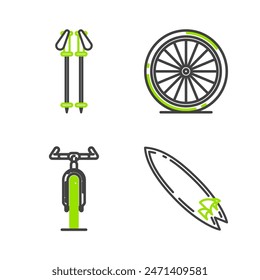 Set line Surfboard, Bicycle, wheel and Ski poles icon. Vector
