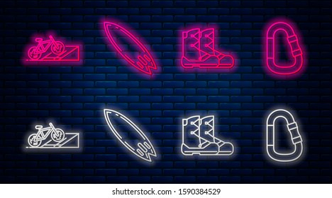 Set line Surfboard, Boots, Bicycle on street ramp and Carabiner. Glowing neon icon on brick wall. Vector