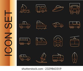 Set line Surfboard, Cable car, Bus, Speedboat, Cruise ship, Pickup truck, Yacht sailboat and Car icon. Vector
