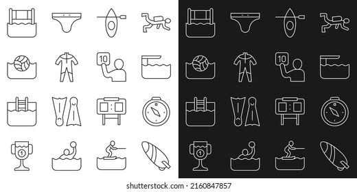 Set line Surfboard, Compass, Diving or springboard, Kayak and paddle, Wetsuit for scuba diving, Water polo, volleyball net and Assessment of judges icon. Vector