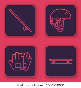 Set line Surfboard, Gloves, Helmet and Skateboard. Blue square button. Vector