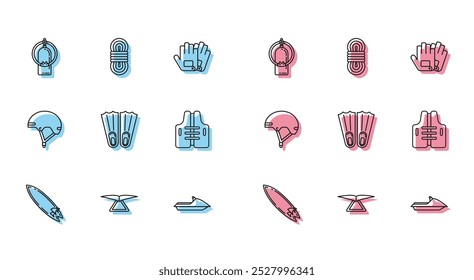 Set line Surfboard, Hang glider, Aqualung, Jet ski, Rubber flippers for swimming, Life jacket, Helmet and Climber rope icon. Vector